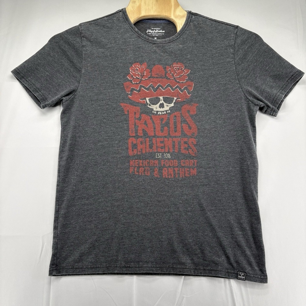 Flag & Anthem Tacos Calientes With‎ Skull And Roses Graphic T-Shirt Size M Gray